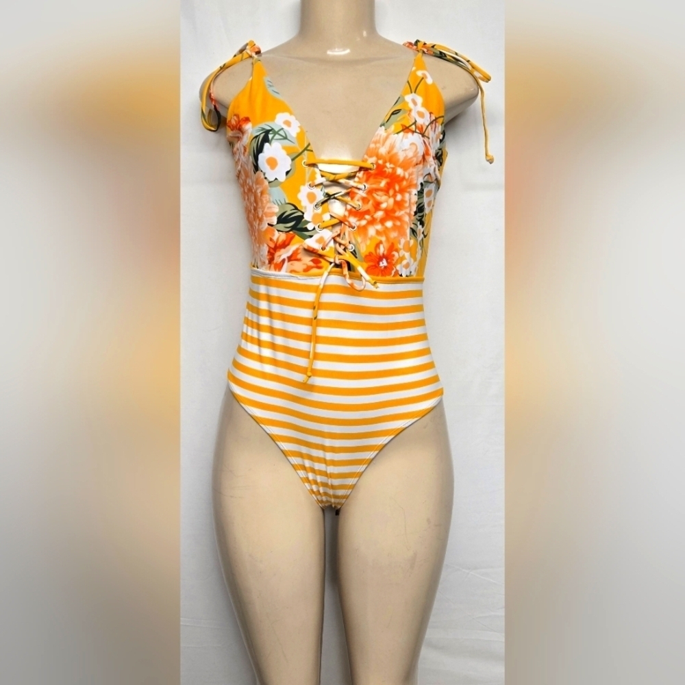 One Piece Bathing Suit Swimsuit Golden Yellow Floral Tie Front And Shoulders L